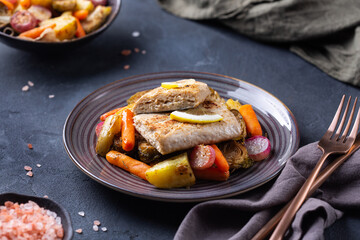 Vegan Plant based fish, fishless fillets with roasted vegetables
