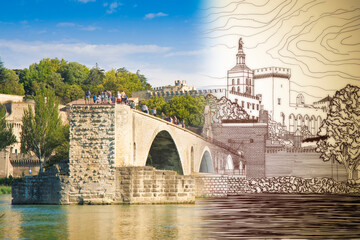 Avignon city with the ancient broken medieval bridge of Saint Benezet (Europe France Provence)