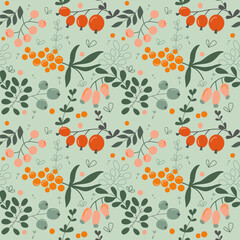 Seamless pattern with berries and herb on green background. Vector illustration in flat style. Nature floral background for wrapping paper or textile.