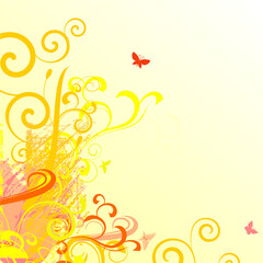 abstract yellow background with flowers and butterflies