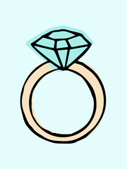 A ring with a diamond. Hand-drawn color illustration. Vector.