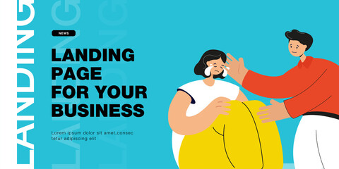 Man comforting crying female friend. Sad woman sitting on ground, male character hugging girl flat vector illustration. Mental health, friendship concept for banner, website design or landing web page