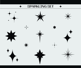 Glowing linear star shine sparkles various shapes minimalistic icons. It has a simple geometric design with elegant thin lines. Party, celebration concept modern vector set.