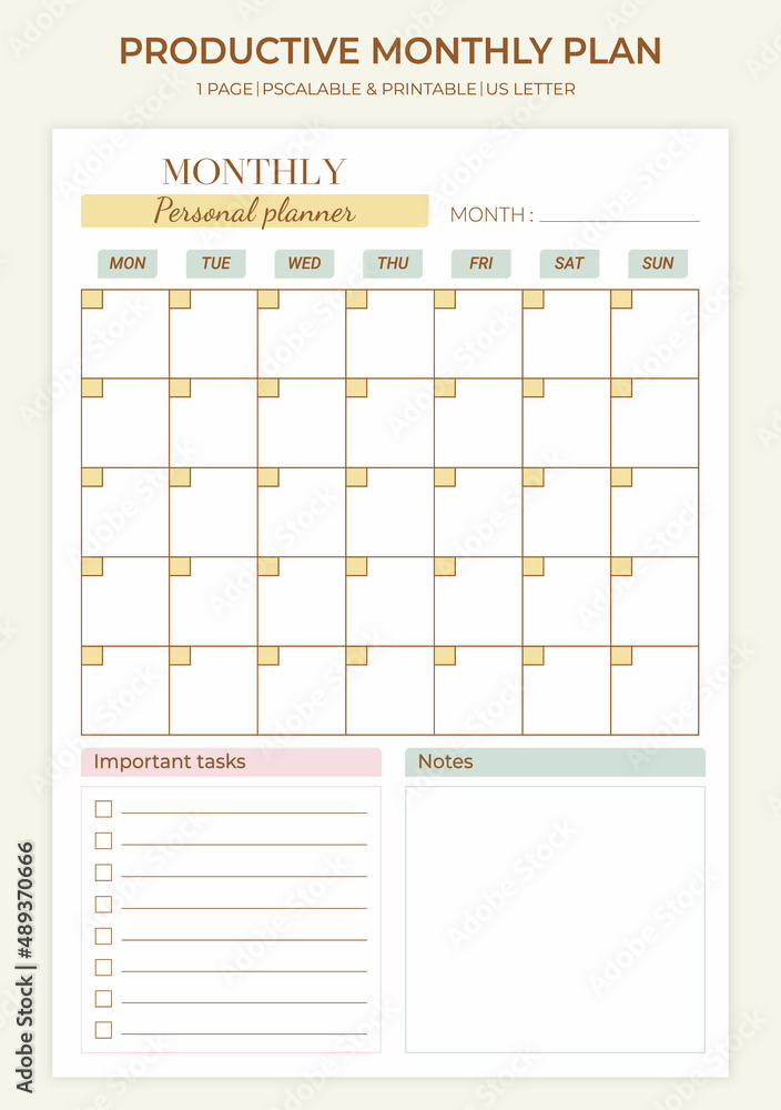 Poster minimal printable monthly planner page templates. monthly planning of important tasks, take notes, s