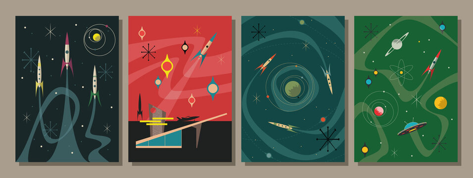 Mid Century Modern Space Posters, Retro Futurism Style Illustrations, Atomic Age Aesthetics 