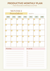 Minimal printable monthly planner page templates. Monthly planning of priority tasks, to-do list, starting from Monday. Productivity planner. Vector graphic set for everyday routine. - obrazy, fototapety, plakaty