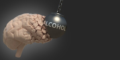 Wrecking ball with Alcohol text damages human brain. Conceptual 3D rendering