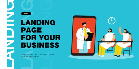 Doctor teaching students through huge phone. Characters at online lecture in classroom flat vector illustration. Online education, medicine concept for banner, website design or landing web page