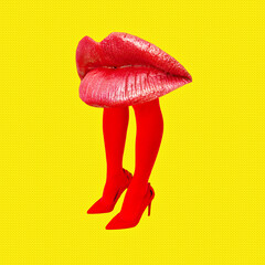 Contemporary digital collage art. Sensual sexy lips and legs mixed. Fashion, adult shop, clubbing, party, cosmetic concept.