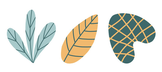 A set of stylized various twigs, leaves, flowers for decoration. Vector color illustration in a flat Scandinavian style, isolated on a white background.