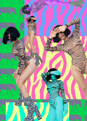 Contemporary digital collage art. Retro girl in space. Back in 90s style. Sexy fashion accessories and clothing. Adult shop, erotic shop, clubbing, party concept. Trendy animal prints - obrazy, fototapety, plakaty