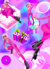 Contemporary digital collage art wallpapers. Retro girls back in 90s style. Sexy fashion accessories and clothing. Adult shop, erotic shop, clubbing, party concept. Text I the Devil
