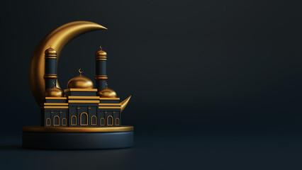 Ramadan kareem islamic greeting background with lantern on podium, mosque and crescent moon - obrazy, fototapety, plakaty