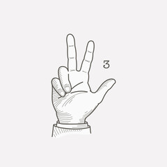 Number three logo in a deaf-mute hand gesture alphabet.