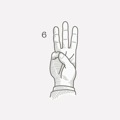 Number six logo in a deaf-mute hand gesture alphabet.