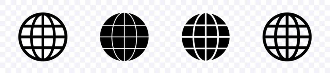 Globes icons set. Vector black icons. Clipart isolated on white background.