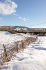 Fototapeta na wymiar Snow covered land and fence.
