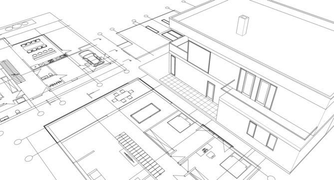 modern house architectural project sketch 3d illustration