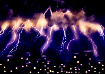 a bright thunderstorm at night in the city sparkles