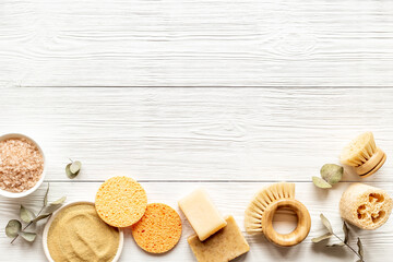 Zero waste eco bathroom cosmetics products top view