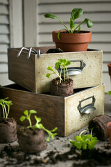Seedlings in pots on the table, wooden baxes and garden tools. Background image. Vertical