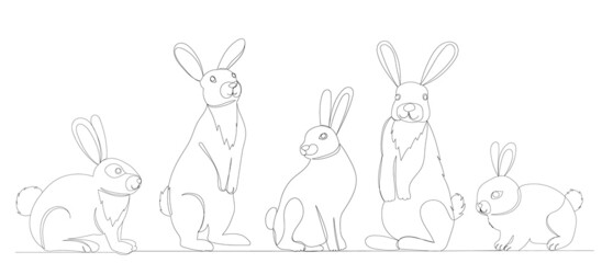 rabbits, hares drawing in one continuous line, isolated vector