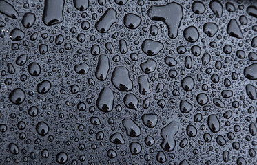 Drops of water on a black background close-up.