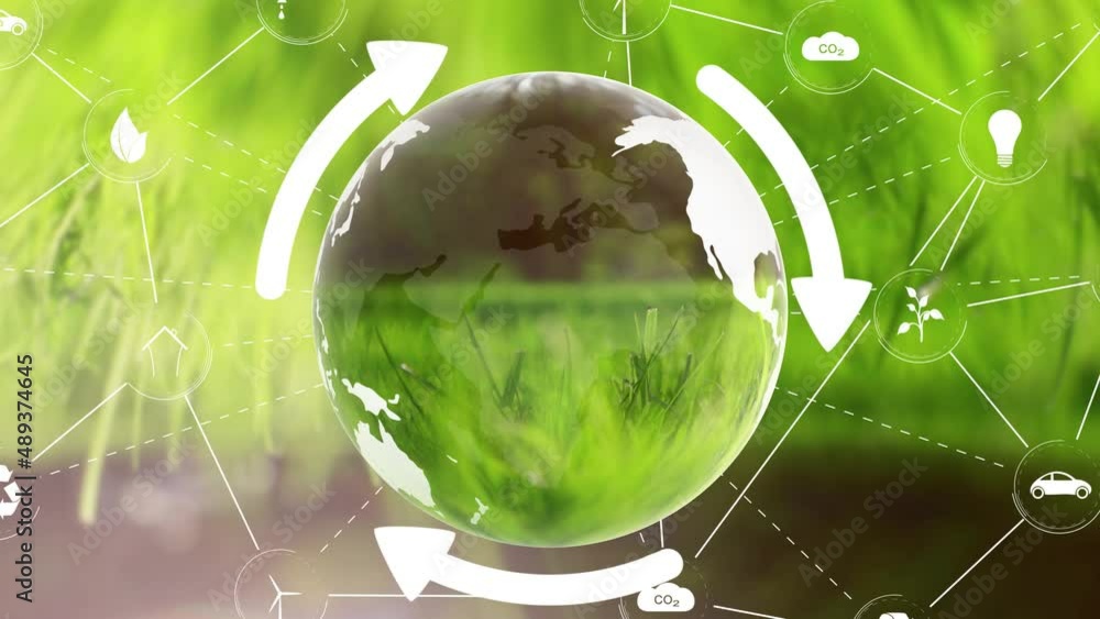 Aufkleber recycle earth globe with arrows and icons environment concept seamless loop animation.