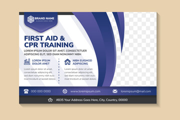 first aid and cpr training abstract geometric flyer template design use horizontal layout combined with purple gradient and black elements. white background with space for photo collage and text