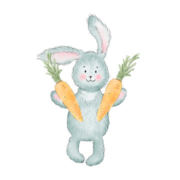 Hand painted bunny, rabbit with carrots. Illustration.