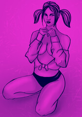 a girl with ponytails on her head is squatting with her shirt down