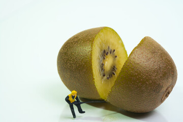 a worker with a crowbar at a sliced juicy kiwi, white background