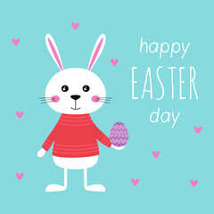 cartoon easter card of bunny with egg in flat style