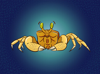 Yellow crab on deep blue background. Vector art illustration for postcard, booklet, flyer, etc.