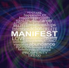 Circular Word Cloud associated with Manifesting what you want -  Rotating spiral multicoloured dark background with a circle of words relevant to MANIFEST centrally placed

