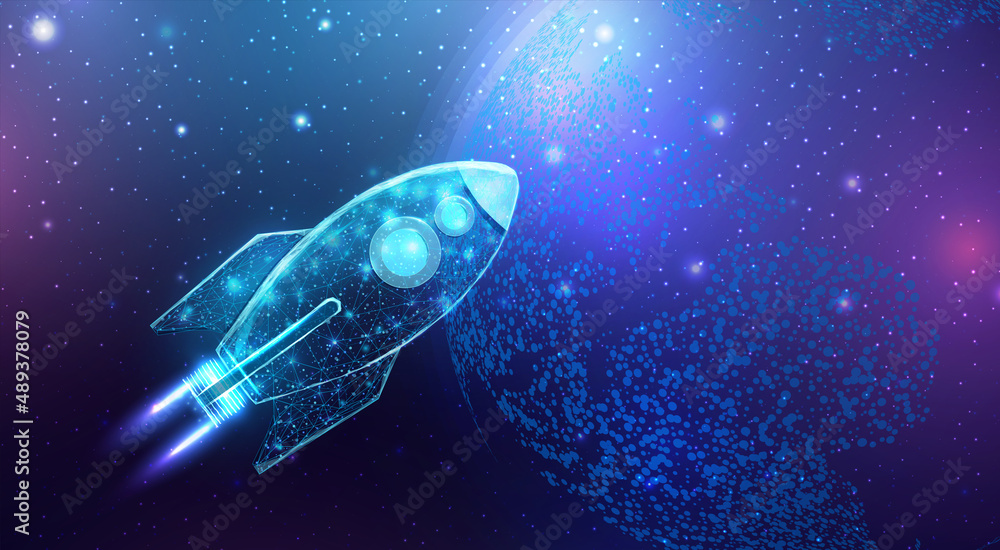 Poster wireframe polygonal rocket with globe map. internet technology network, business startup concept wit