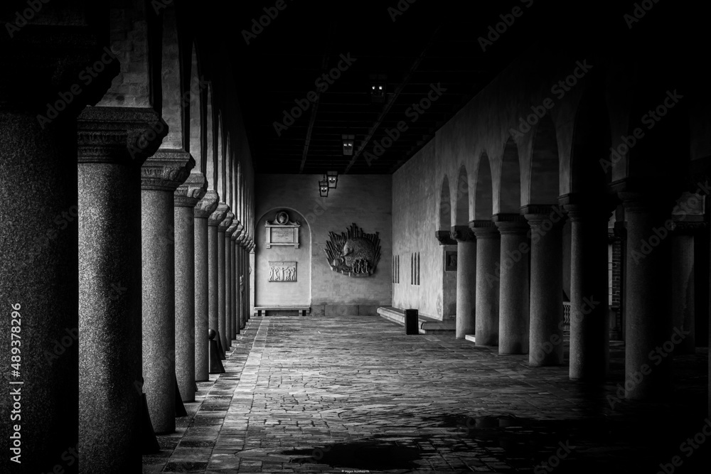Poster grayscale low angle shot of columns of building