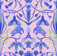 seamless patterns with elephants in Indian bright style with stylized primroses and snowdrops. surface design
