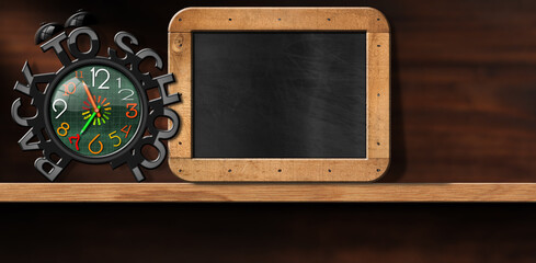 Close-up of an alarm clock with text Back To School and an empty blackboard with wood frame with...