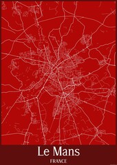 Red map of Le Mans France.