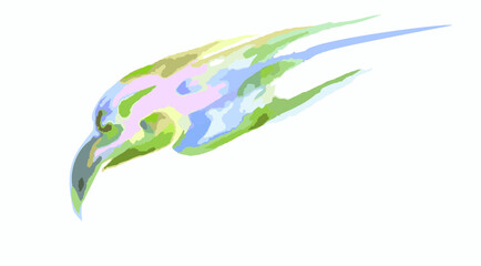 Watercolor eagle head splashes on a light background. Eagle flight in the shape of an arrow in green-pink-blue tonality for posters, interior solutions, textiles, fabric products, wallpaper, etc.