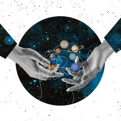 Contemporary art collage. Female hands holding garland of space planets. Concept of astronautics,...