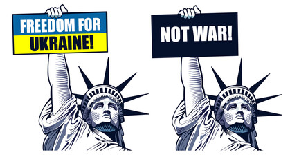 Statue Liberty holding text banner Freedom for Ukraine