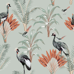Vintage crane bird, plants, banana trees seamless pattern grey background. Exotic botanical floral wallpaper.