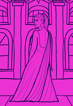 Linear Drawing Of A Princess In A Castle Dress In A Purple Drawing