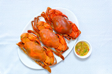 Serrated Mud Crab food with spicy seafood sauce in Thai Food.delicious Thai seafood