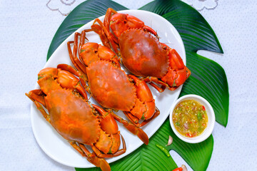 Serrated Mud Crab food with spicy seafood sauce in Thai Food.delicious Thai seafood