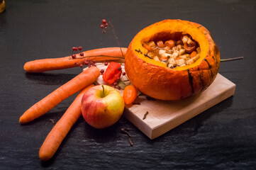thanksgiving pumpkin baked with apples, carrots and savory spices
joy from the gifts of autumn