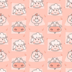 Seamless pattern with the image of animals in a children's style. Postcard doodle vector element. Textile background. Factory design.
