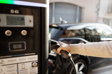 Electric car charging station on European street